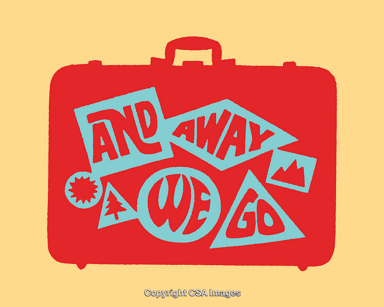 Vintage-Inspired Colorful Suitcase Illustration with Travel-Themed Typography