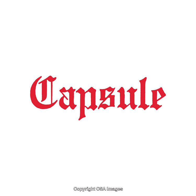 Red Text Displaying 'Capsule' in an Old English Font Style