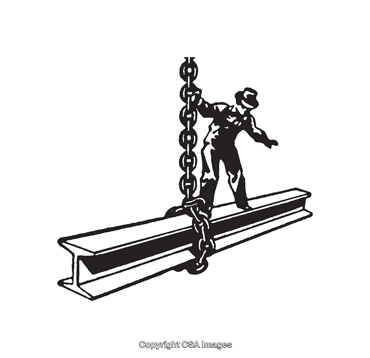 Worker Standing on Steel Beam Suspended by Chains in Black and White Art