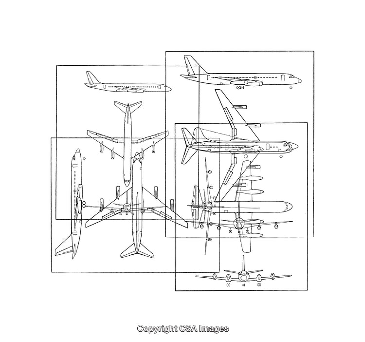 Detailed Black And White Airplane Diagrams From Various Angles