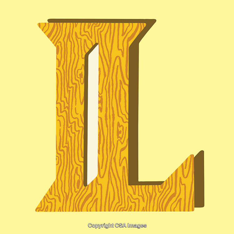 Decorative Letter L with Wood Grain Texture on Yellow Background