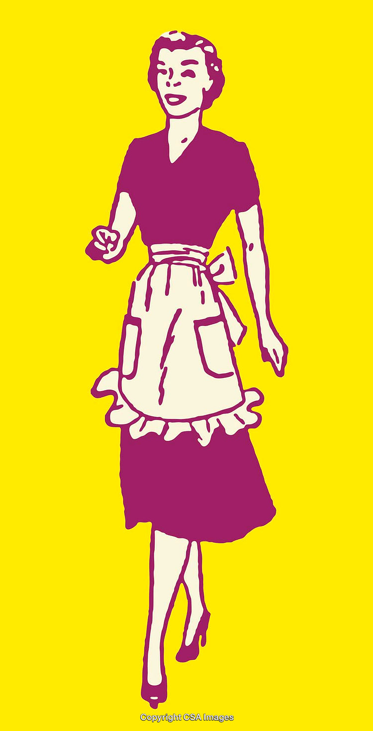 Retro Line Art Illustration of Standing Woman in Apron with Yellow Background