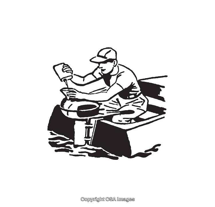 Black and White Illustration of a Man Working on a Fishing Boat