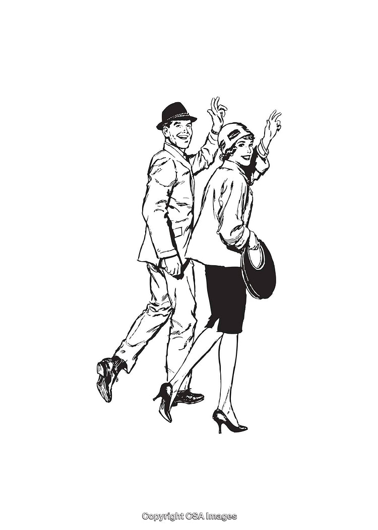 Retro Black and White Illustration of a Smiling Couple Waving Goodbye