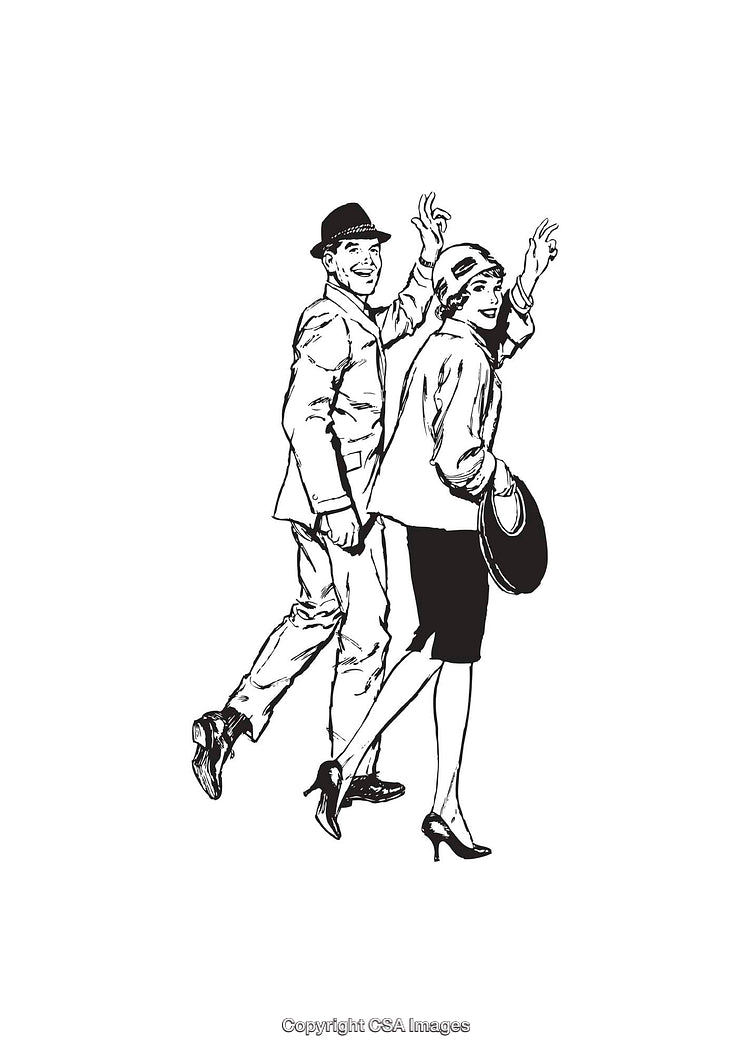 Retro Black and White Illustration of a Smiling Couple Waving Goodbye