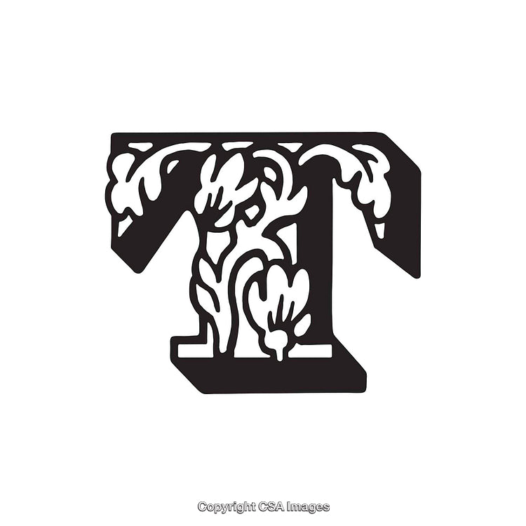 Ornate Floral Letter T Design with Black and White Details