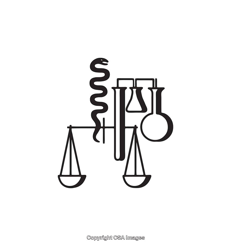 Symbolic Line Art of Scales, Flask, and Snake in Balance