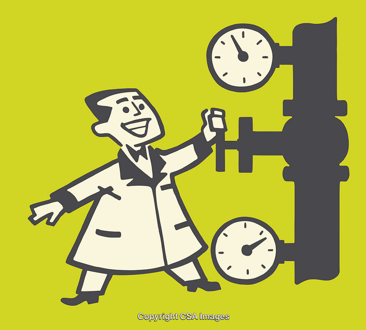Retro Scientist Illustration Operating Pressure Gauges in Laboratory Scene