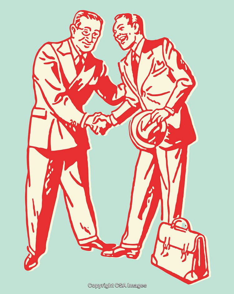 Vintage Business Handshake Illustration of Two Men in Formal Suits