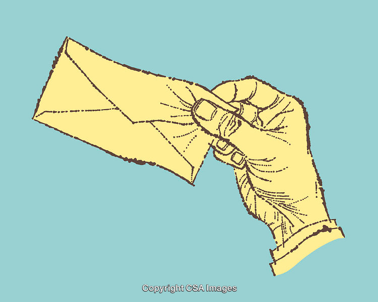 Hand Holding an Envelope in Yellow Line Art on Blue Background