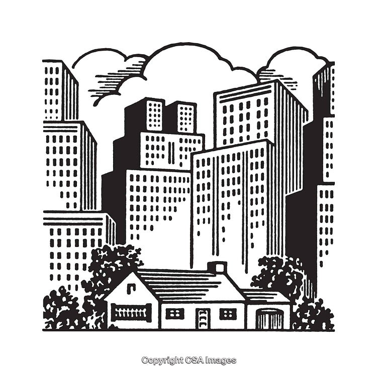 Black and White Illustration of Urban Landscape with Contrast Elements