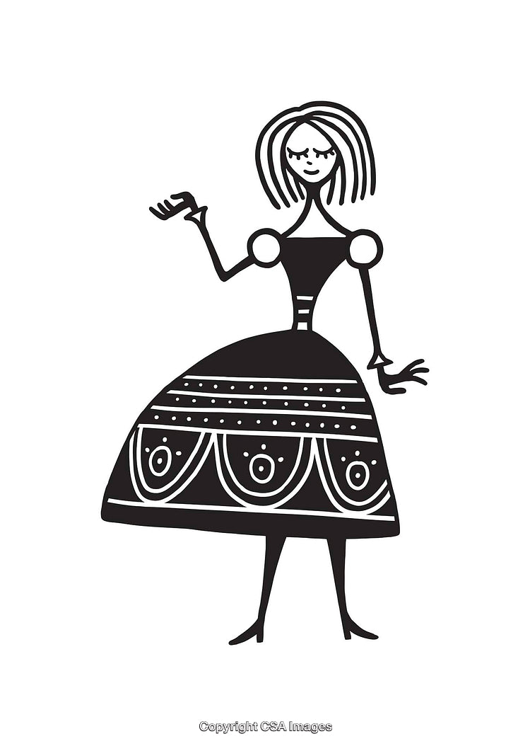 Black and White Line Art of Woman in Fancy Dress