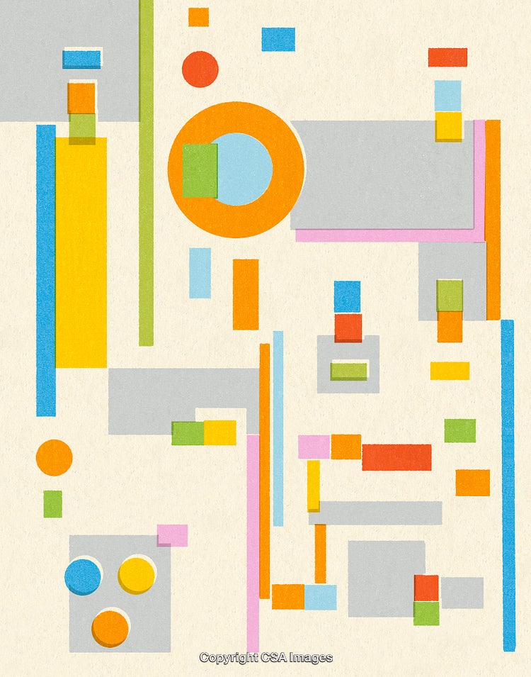 Abstract Geometric Composition Featuring Vibrant Rectangles and Circles