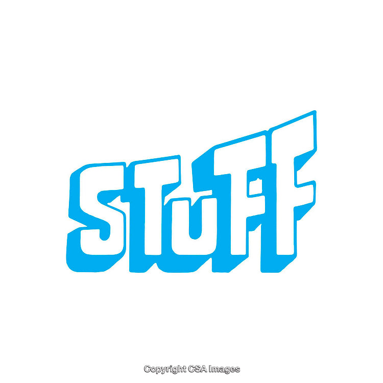 Bold Blue Text Reading Stuff in Retro Typeface