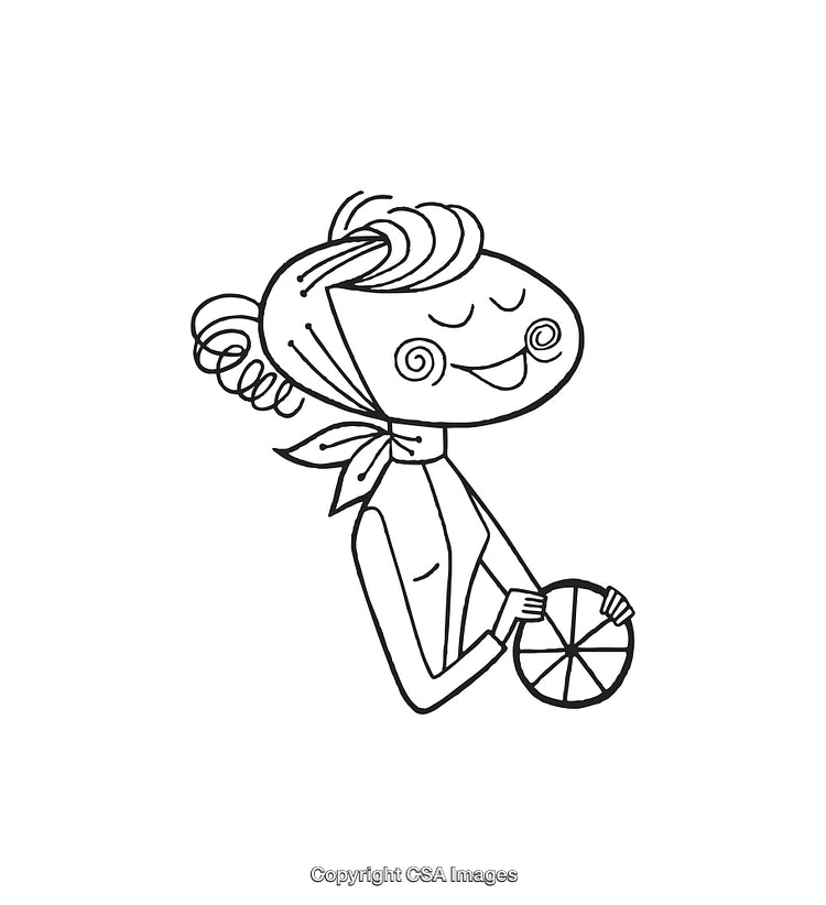 Black and White Line Art of Smiling Woman Holding Citrus Slice