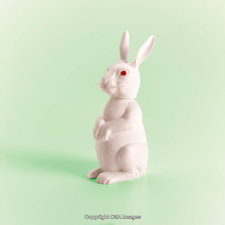 White Rabbit Figurine on a Light Green Background