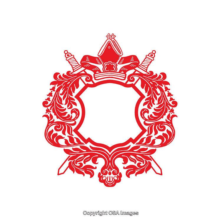 Red Ornamental Crest with Decorative Sword and Crown Elements
