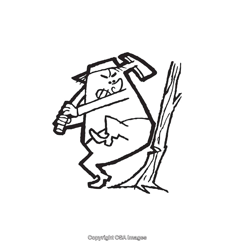 Black and White Line Art Illustration of Man Cutting Tree with Axe