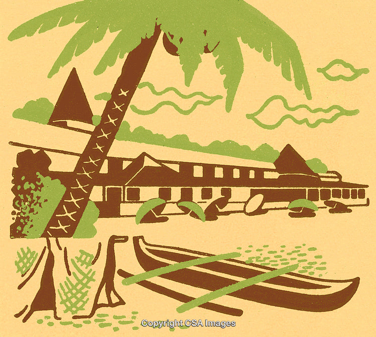 Tropical Landscape Illustration of Palm Trees and Canoe by Coastal Resort