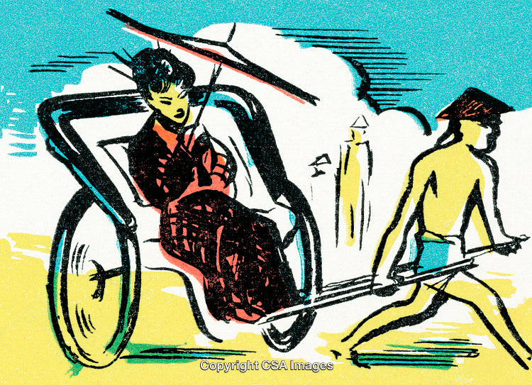 Traditional Woodcut Illustration of a Rickshaw With Passenger and Puller