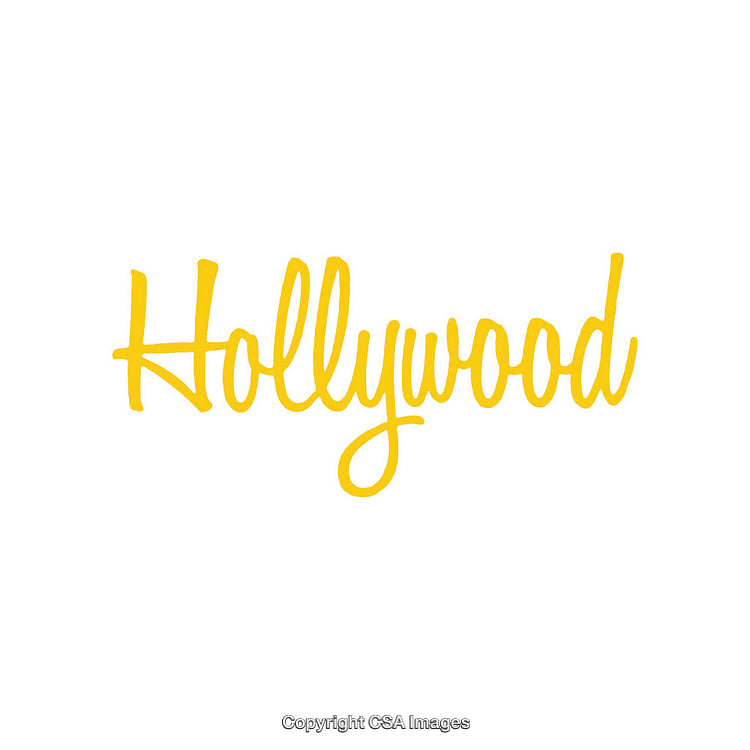 Stylized Yellow Script Typography of Hollywood on a White Background