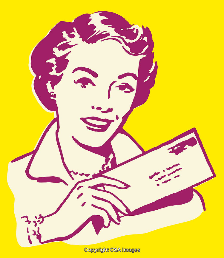 Retro Style Woman Holding Letter on Yellow Background, Vintage Pop Art Illustration