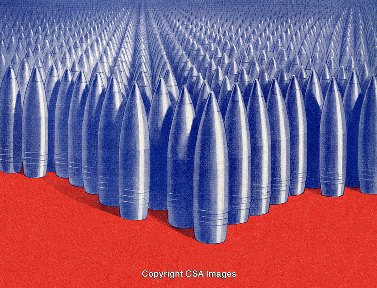 Rows of Metallic Ammunition on a Red Background in a Surreal Arrangement