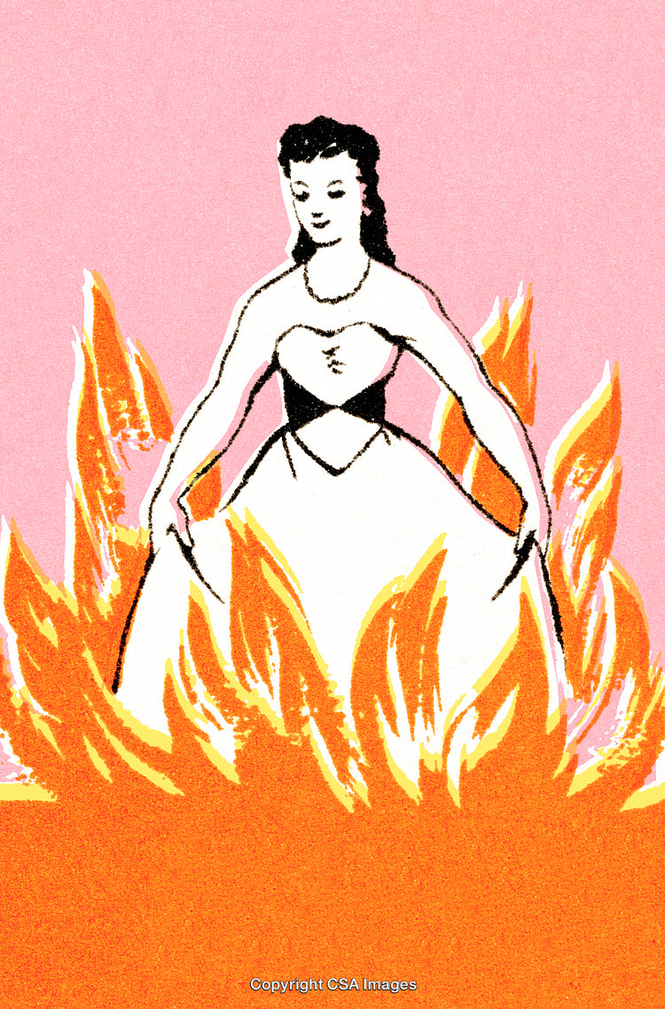 Artwork of Woman in Gown Standing Amid Vibrant Flames on Pink Background