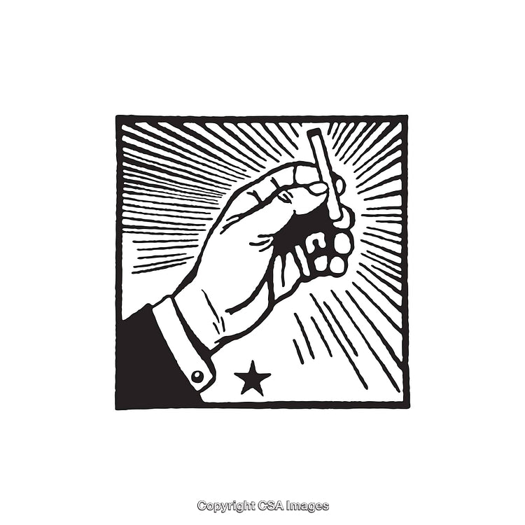 Vintage Black and White Illustration of a Hand Holding a Pen with Star