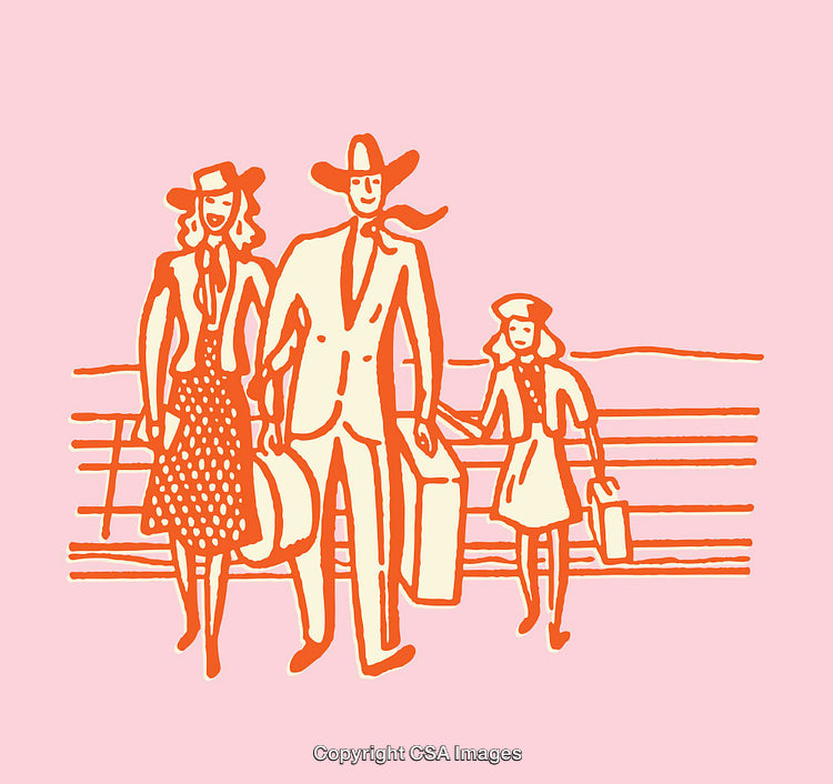 Stylized Family Illustration in Vintage Country Attire with Luggage