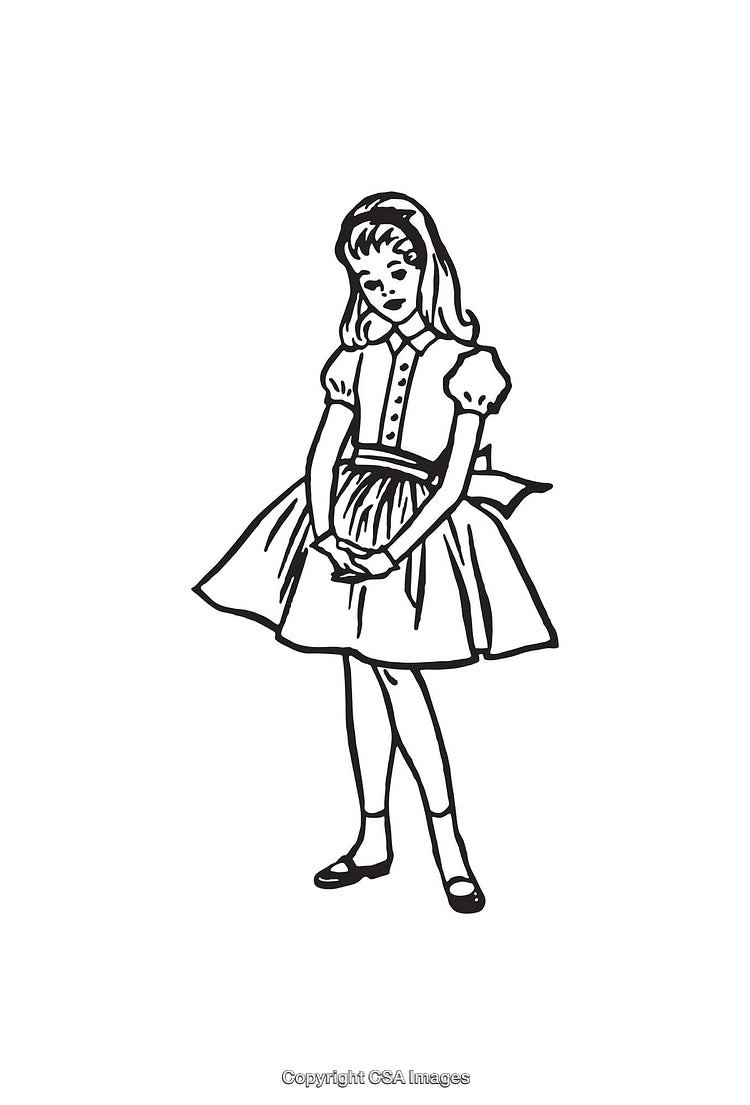 Black and White Line Art of a Standing Girl in a Dress