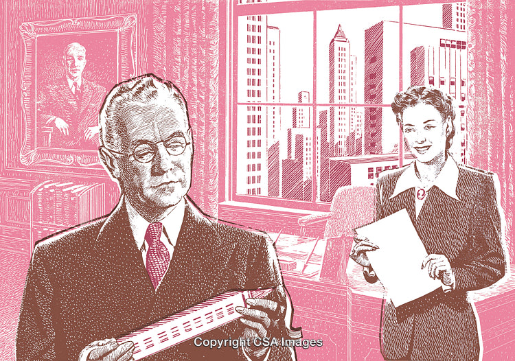 Retro Styled Business Scene in Office Overlooking City Skyline