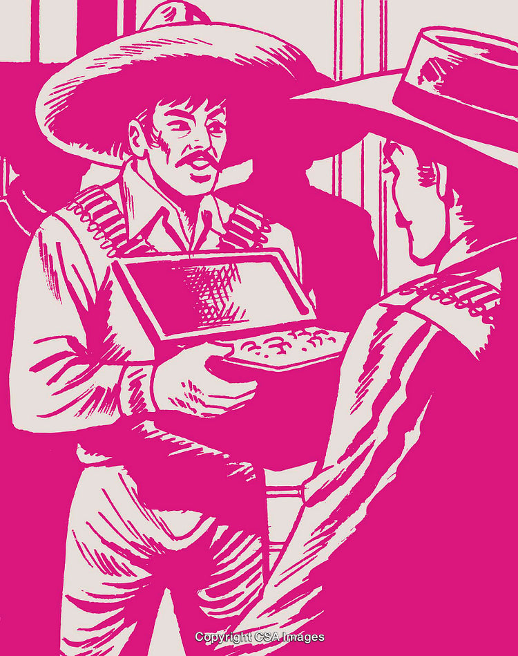 Colorful Illustration of Men in Traditional Hats and Symbolic Setting