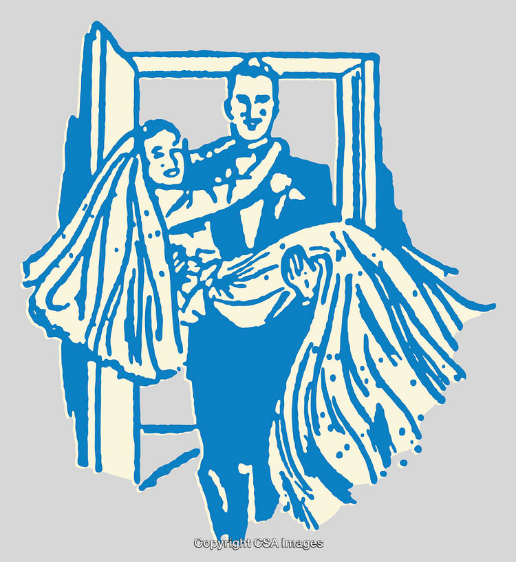 Romantic Wedding Couple Crossing Threshold in Line Art Style