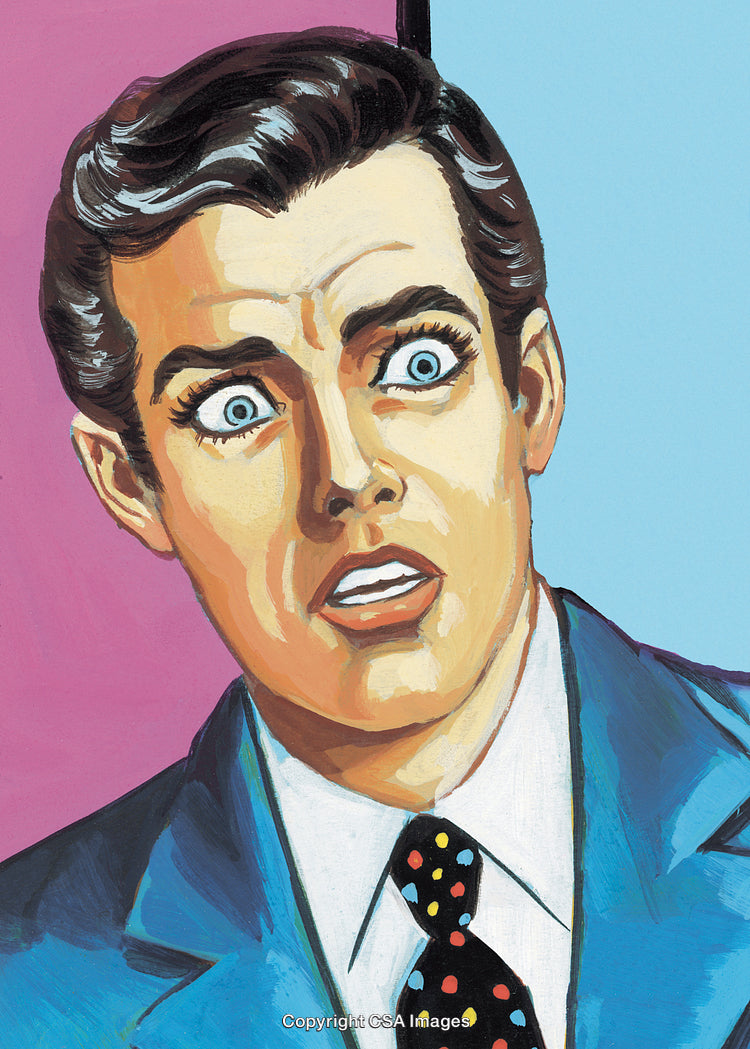 Surprised Man in Pop Art Style Wearing Blue Suit and Polka Dot Tie