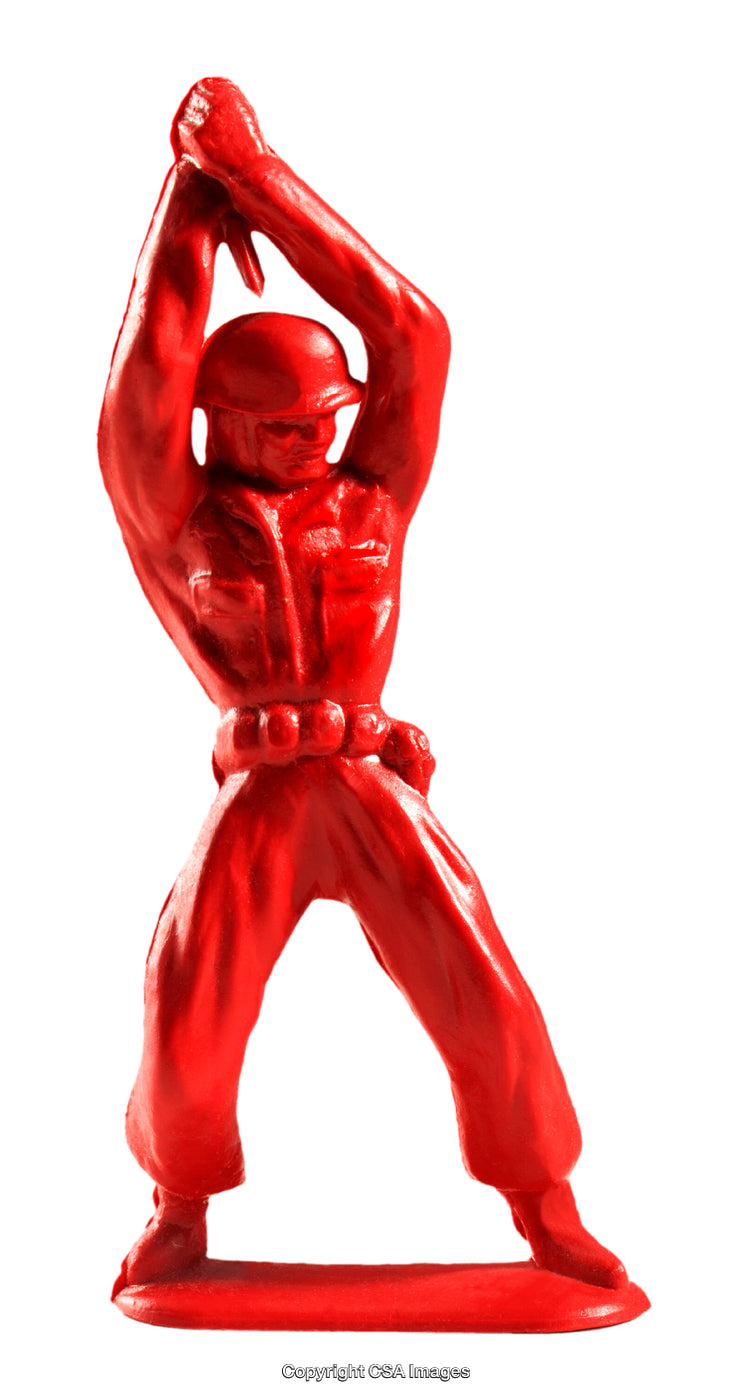 Red Toy Soldier Figure Displaying Action Pose on White Background