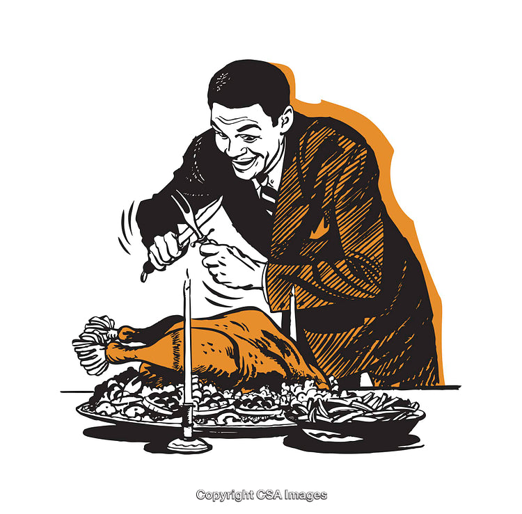 Cheerful Man Carving Turkey at Festive Dinner Table Illustration