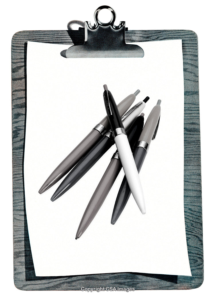 Clipboard With Pens Arranged on a Blank Paper Surface