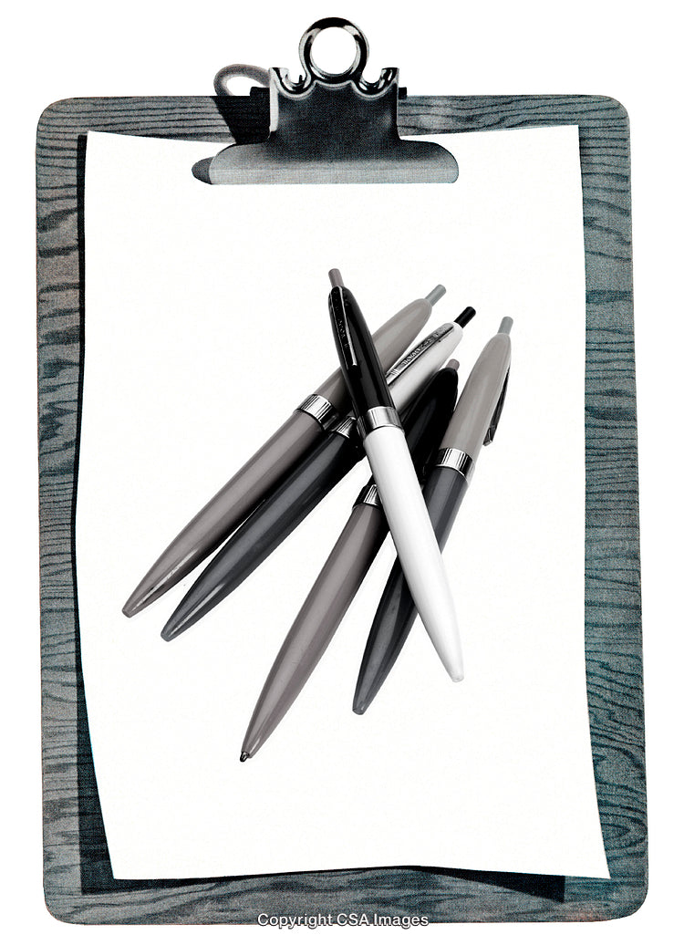 Clipboard With Pens Arranged on a Blank Paper Surface