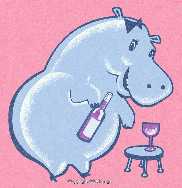 Smiling Cartoon Hippopotamus Holding Wine Bottle in Playful Artistic Design
