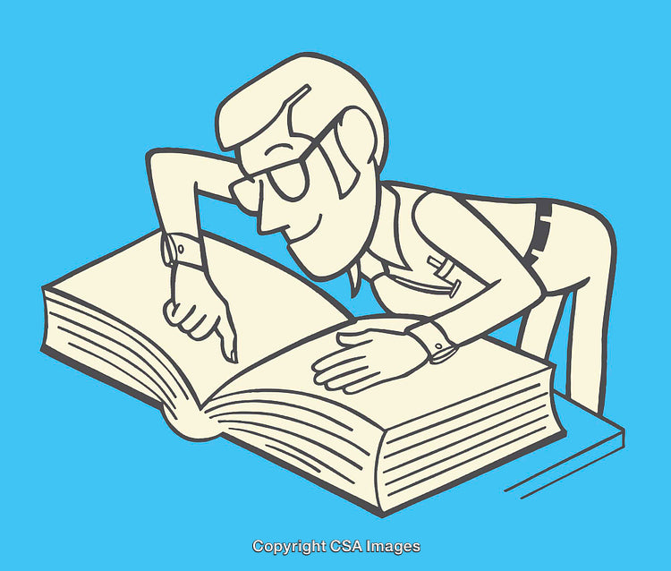 Retro Style Illustration of Man Reading a Large Book on a Table