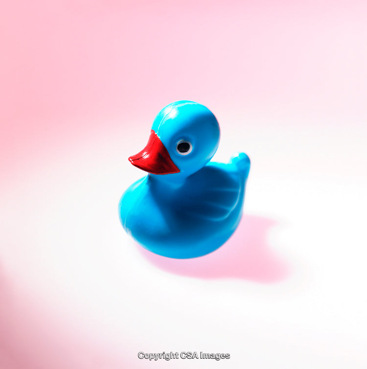 Blue Rubber Duck Toy Against a Soft Pink Background