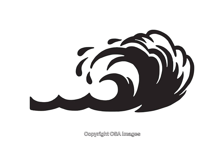 Stylized Black and White Line Drawing of a Rolling Ocean Wave