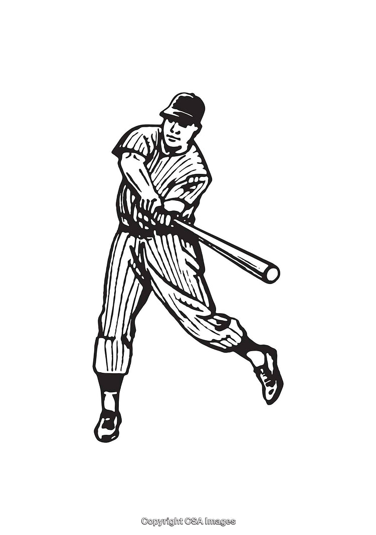 Black and White Line Art of a Baseball Player Hitting