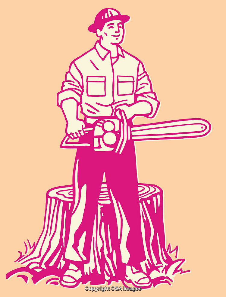 Lumberjack Operating Chainsaw Artwork Showing Tree Stump in Bold Colors