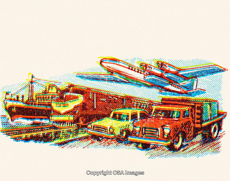 Retro Stylized Transport Illustration With Ship, Train, Airplane, and Trucks