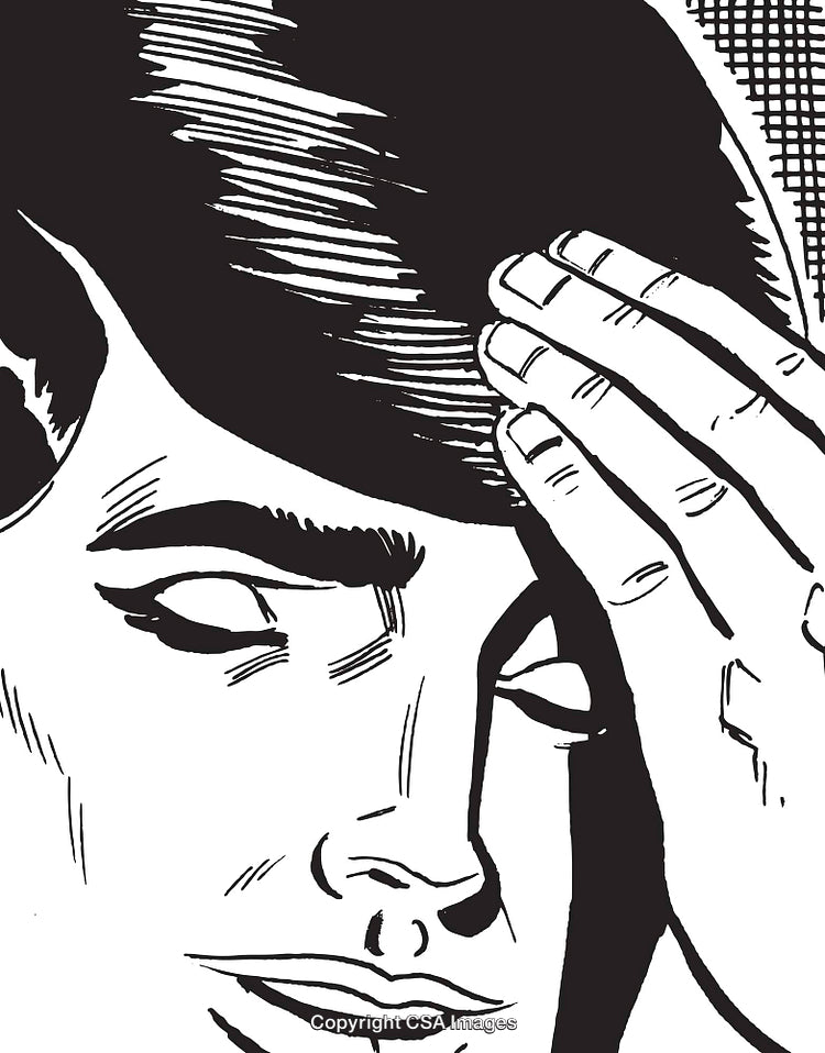 Black and White Illustration of a Pensive Person Touching Their Hair