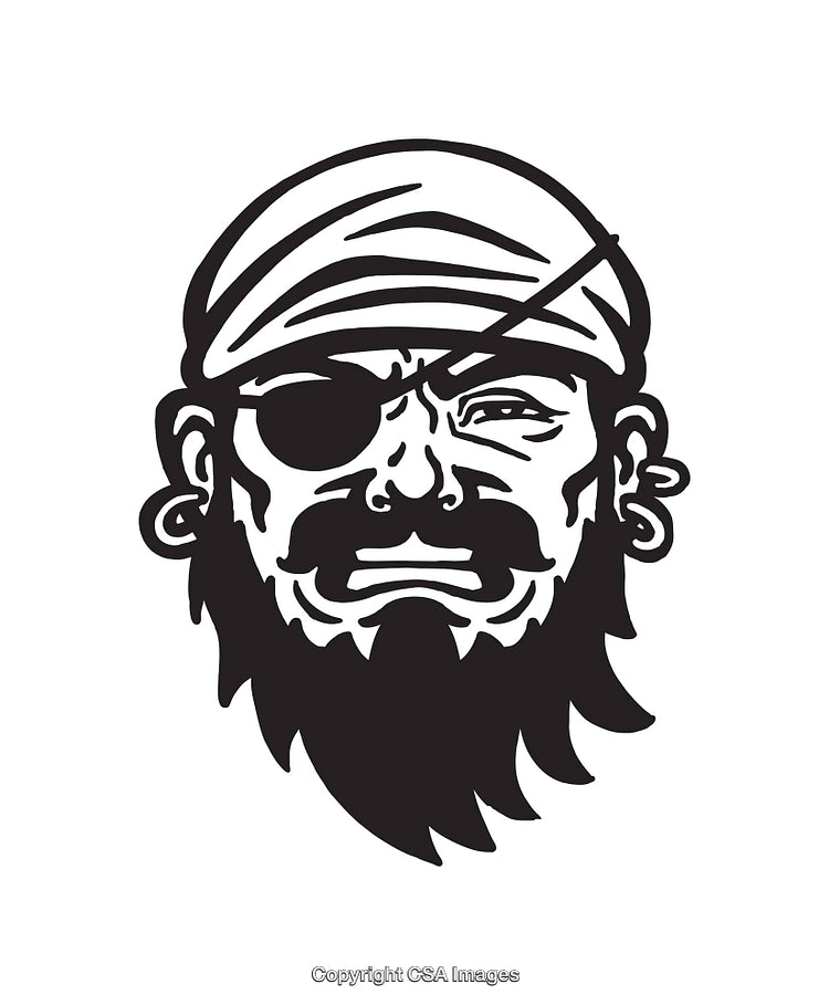Black and White Pirate Line Art Illustration with Eye Patch and Beard