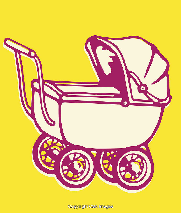 Vintage Baby Carriage Illustration on Vibrant Yellow Background