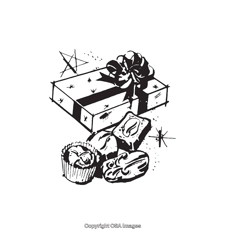 Black and White Line Art of a Gift Box with Treats